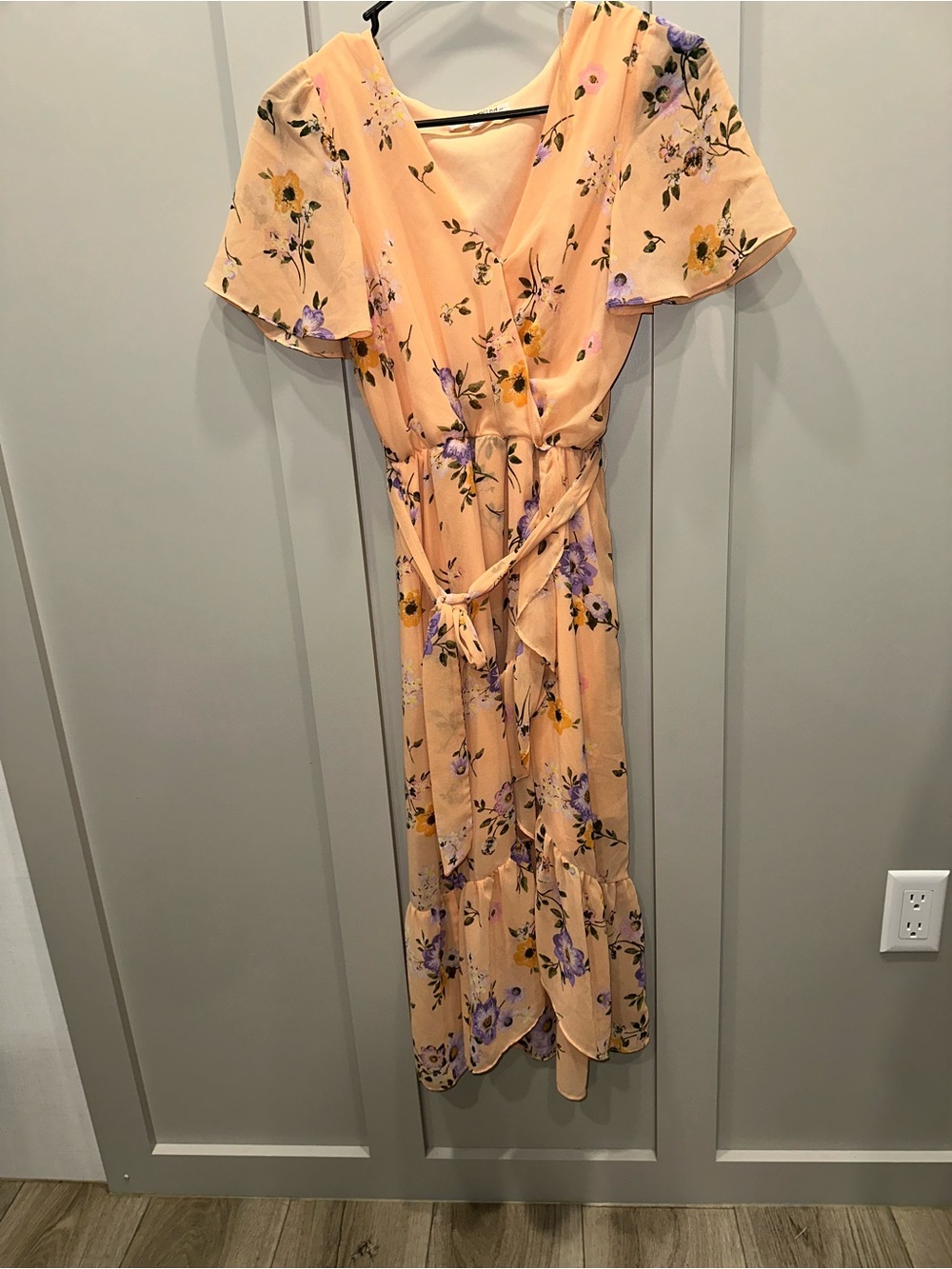 Rewind Peach Floral Wrap Maxi Dress with Lavender and Yellow Blooms